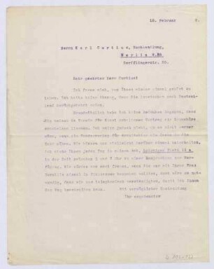 Schreiben an Karl Georg Curtius, Buchhandlung (Brief)