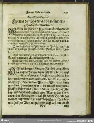 Das Achte Capitel. Forma der Ordination neüer angehender Kirchendiener