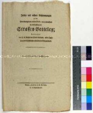 Zusätze und Durchführungsbestimmungen zur Verordnung der Stadt Wismar betreffend Straßenbettelei vom 22.12.1803