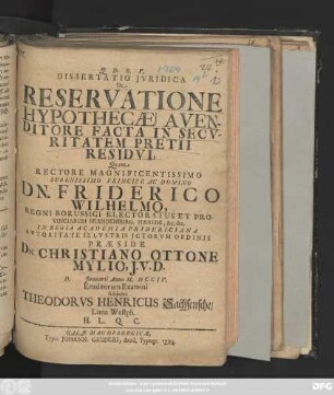 Dissertatio Jvridica De Reservatione Hypothecæ A Venditore Facta In Secvritatem Pretii Residvi