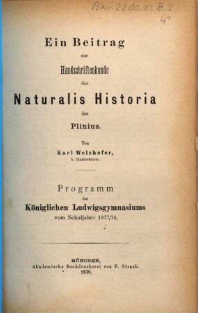 Ein Beitrag zur Handschriftenkunde der Naturalis Historia des Plinius