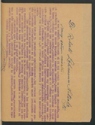 [Carta al Señor Roberto Lehmann Nitsche de los redactores del mismo revista]