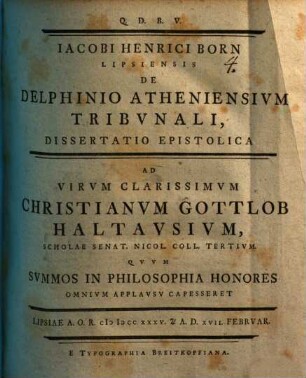 De Delphinio, Atheniensium tribunali, dissertatio epistolica ad virum Christianum Gottlob Haltausium