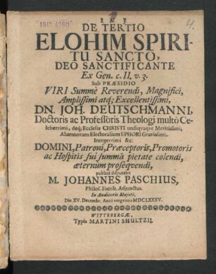 De Tertio Elohim Spiritu Sancto, Deo Sanctificante Ex Gen. c. II. v. 3.