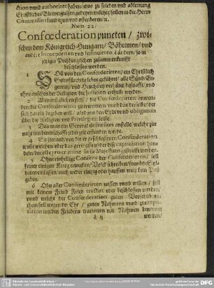 Num. 22. Confoederation puncten, zwischen dem Königreich Hungarn, Böheimen, und andere Incorporiten und Insinuierten Ländern, so in jetziger Preßburgischen zusammenkunfft beschlossen worden