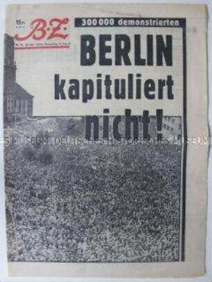 West-Berliner Tageszeitung "BZ" zu Protestdemonstrationen in Berlin (West) nach dem "Mauerbau"
