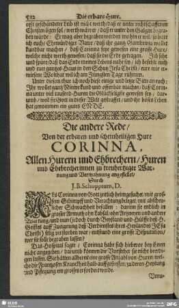 Die andere Rede, Von der erbaren und scheinheiligen Hure Corinna, Allen Hurern und Ehebrechern, Huren und Ehebrecherinnen zu treuhertziger Warnung und Vermahnung angestellet