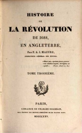 Histoire de la révolution de 1688 en Angleterre, 3. (1825). - 462 S.