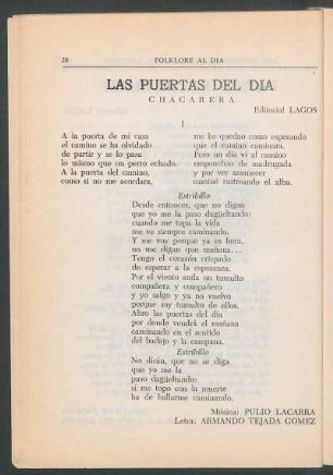 Las puertas del día : Chacarera. - Editorial Lagos