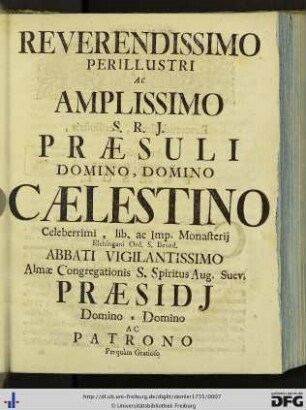 Reverendissimo … Domino Caelestino…