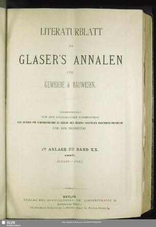 Literaturblatt 1te Anlage zu Band XX.1887. Januar - Juni