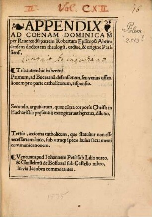 Appendix Ad Coenam Dominicam