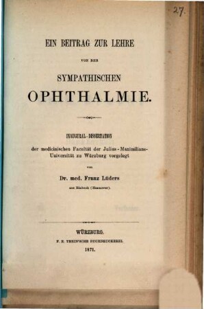 Ein Beitrag zur Lehre von der sympathischen Ophthalmie
