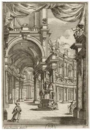 Bühnenbild für die Oper „Teodosio il Giovane“ von Filippo Amadei im Teatro Ottoboni des Palazzo della Cancelleria in Rom im Jahr 1711 (Akt 3, Szene 1: Prächtiger Hof mit Reiterstandbild des Teodosio)