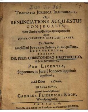 Tractatio Juridica Inauguralis De Renunciatione Acquaestus Conjugalis : = Vom Verzueg der Ehelichen Errungenschafft