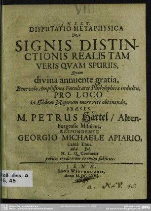 Disputatio metaphysica de signis distinctionis realis tam veris quam spuriis