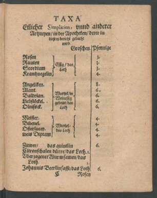 Taxa Etlicher Simplicien, unnd anderer Artzneyen/ in der Apotheken/ derer in diesem bericht gedacht wird.