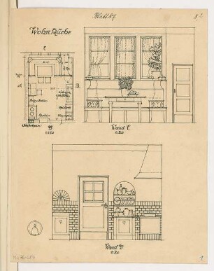 Wohnküche Monatskonkurrenz Dezember 1918: Grundriss 1:50; Aufriss Wandansicht zur Tür, Wandansicht zum Fenster 1:20