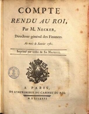 Compte rendu au roi : au mois de janvier 1781