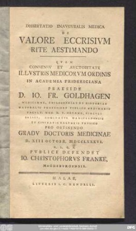 Dissertatio Inavgvralis De Medica Valore Eccrisivm Rite Aestimando