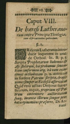 Caput VIII. De haeresi Lutheranorum contra Principia Theologiae, cum observationibus quibusdam.
