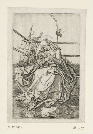 Maria auf der Rasenbank, das Kind stillend