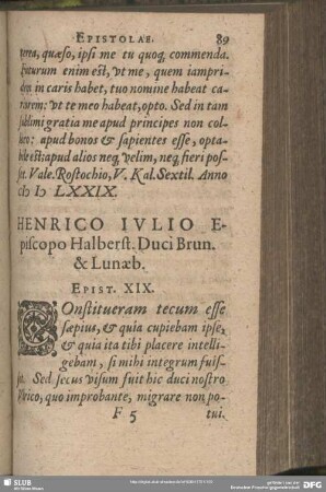 Heniroc Iulio Epoiscopo Halberst. Duci Brun. & Lunaeb. Epist. XIX.