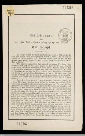 Mitteilungen über die letzte Zeit unseres heimgegangenen Vaters Carl Schopf