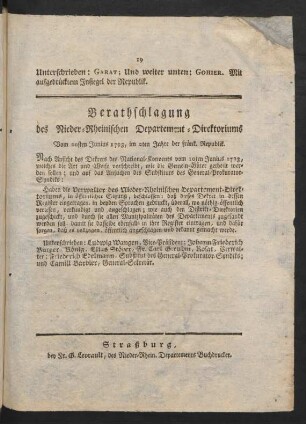 Berathschlagung des Nieder-Rheinischen Departement-Direktoriums Vom 20ten Junius 1793, im 2ten Jahre der fränk. Republik.