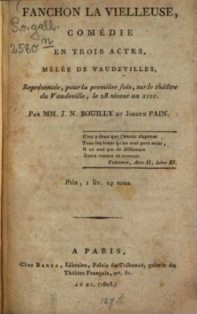 Fanchon la vielleuse : comédie en trois actes, mêlée de vaudevilles