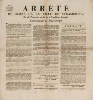Arrêté du maire de la ville de Strasbourg, du 18. Thermidor an dix de la République française, concernant le brocantage