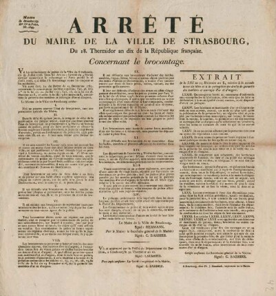 Arrêté du maire de la ville de Strasbourg, du 18. Thermidor an dix de la République française, concernant le brocantage