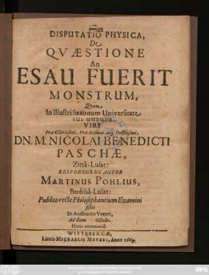 Disputatio Physica, De Quaestione An Esau Fuerit Monstrum