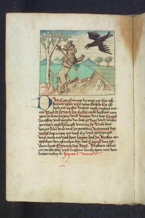 Der Rabe unterbreitet dem Löwen einen Vorschlag; (Kapitel II: Vom Löwen und dem Ochsen).