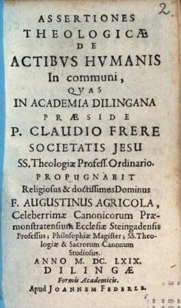 Assertiones Theologicae De Actibvs Hvmanis In communi