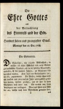 Hundert sieben und zwanzigstes Stück. Montags den 26 Dec. 1768