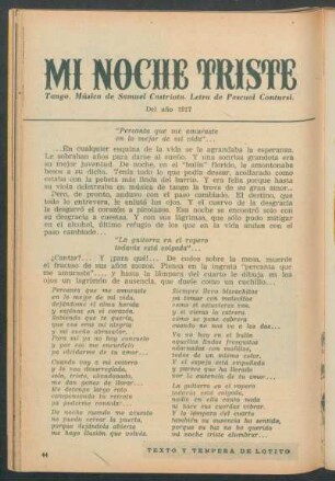 Mi noche triste : Tango. Música de Samuel Castriota. Letra de Pascual Contursi. Del año 1917