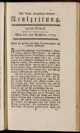 22tes Stück. Wien den 5ten Brachmon. 1773.