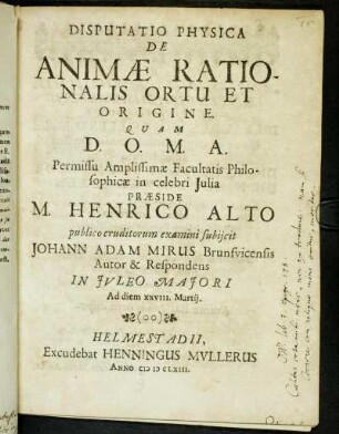 Disputatio Physica De Origine Animae Rationalis Ortu Et Origine