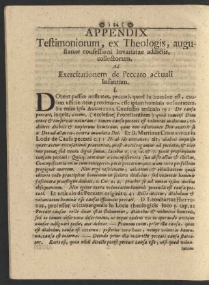 Appendix Testimoniorum, ex Theologis, augustanae confessioni invariatae addictis, collectorum, Ad Exercitationem de Peccato actuali Infantum