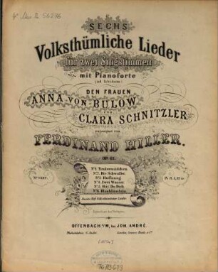 Sechs volkstümliche Lieder : für 2 Singstimmen mit Pianoforte (ad lib.) ; op. 61