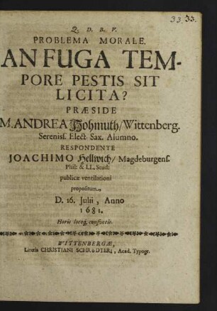 Problema Morale. An Fuga Tempore Pestis Sit Licita?