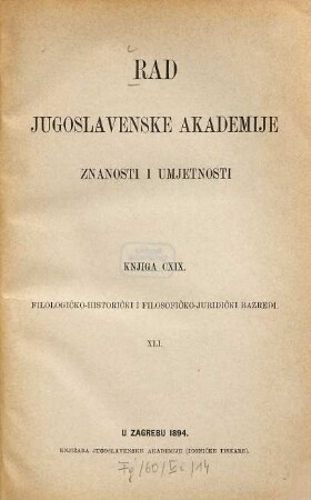 Rad Jugoslavenske Akademije Znanosti i Umjetnosti. 119. 1894