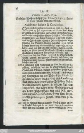 Lit. D. Veneris 6. Aug. 1734. Sachßsen-Weißen-Felßisches Debit-Wesen betreffend, in specie Johann Benjamin Erfurth.