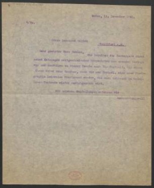 Brief an Bernhard Sekles : 11.12.1920