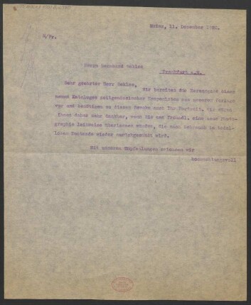 Brief an Bernhard Sekles : 11.12.1920