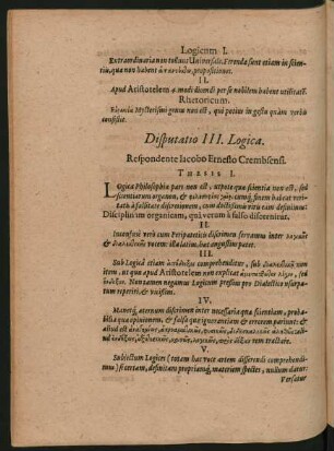 Disputatio III. Logica. Respondente Iacobo Ernesto Crembsensi.