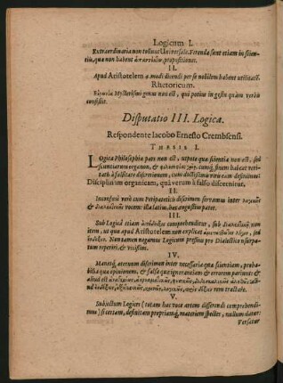 Disputatio III. Logica. Respondente Iacobo Ernesto Crembsensi.