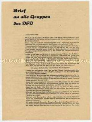 Flugschrift mit dem Text eines Briefes der DFD-Vorsitzenden Ilse Thiele an alle DFD-Gruppen