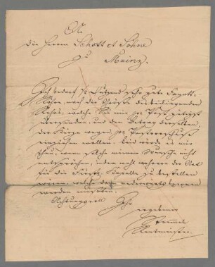 Geschäftsarchiv des Schottverlages Mainz - BSB Ana 800.A, II. Stremmel. Verlagskorrespondenz von 1826 bis 1830: Brief von Stremmel an B. Schott's Söhne - BSB Ana 800.A.II. Stremmel